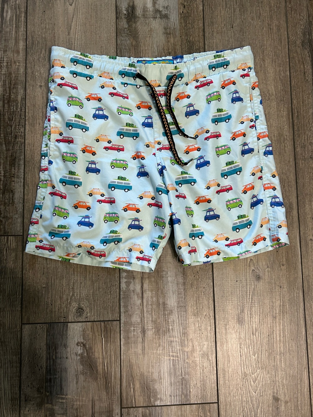 Surf Society Swimwear Light Blue Car-Print Elastic Waist swim trunks Shorts